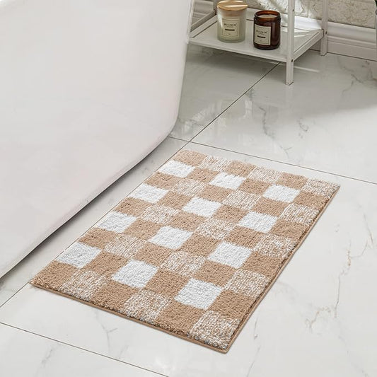 CozeCube Checkered Bath mats for Bathroom Non Slip, Plush Shaggy Bath Rugs for Bathroom Washable, Buffalo Plaid Bath mat, Beige, 36" x 24"