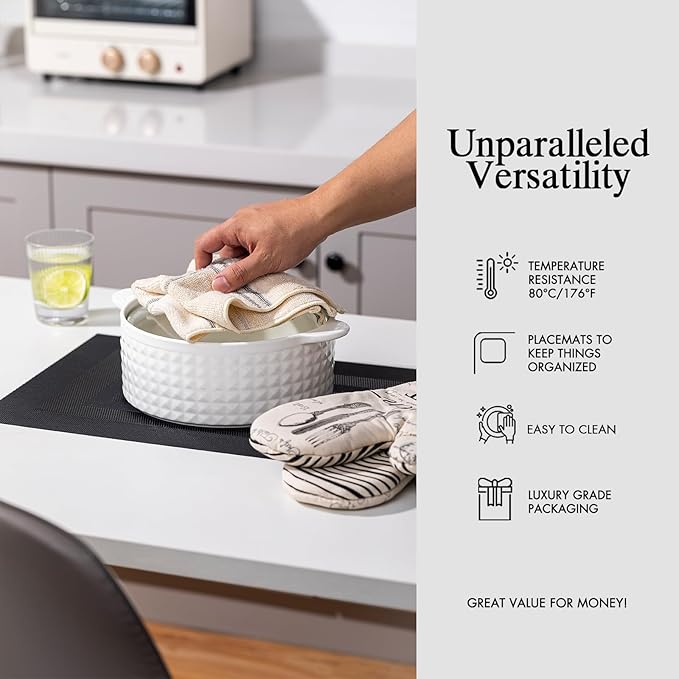 Placemat Set of 4 - Easy Clean Woven Vinyl Placemats for Dining Table, Indoor/Outdoor Place Mats, Washable PVC Table Mats(Black Cube)
