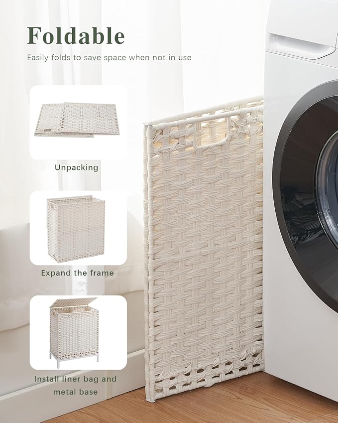 Laundry Hamper with Lid, 112 L Handwoven Rattan Wicker Laundry Basket, 2 Removable Liner Bags Metal Heightened Feet, 6 Mesh Bags, 2 Section Large Clothes Hamper for Bathroom Bedroom, White
