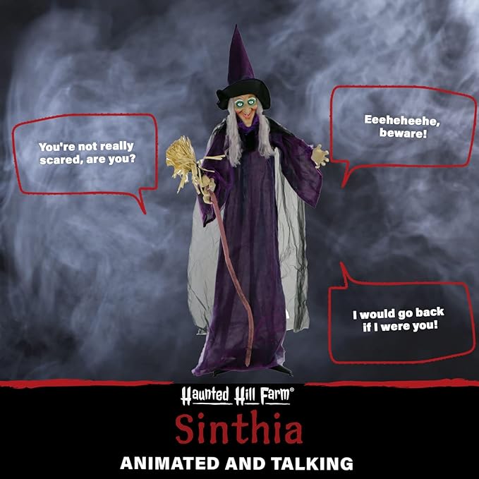 Haunted Hill Farm Life-Size Scary Talking Witch with Broomstick, Halloween Animatronic with Touch Activated Lights and Sound, Battery Operated Indoor or Covered Outdoor Halloween Decorations
