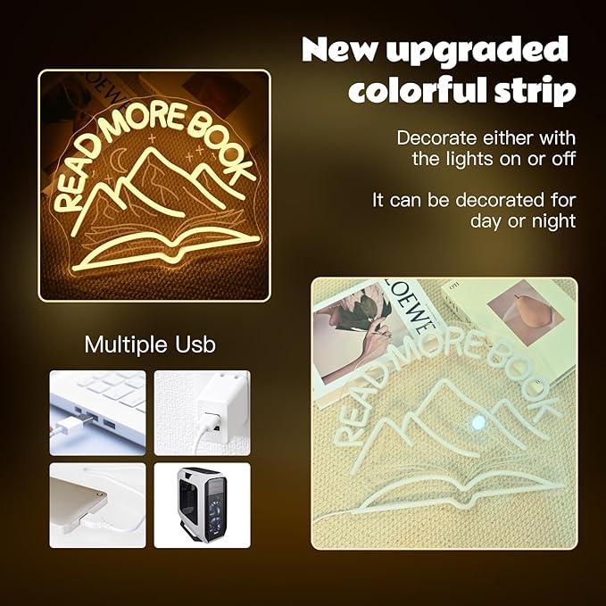 Read More Book Neon Signs Mountain Neon Signs for Wall Decor Dimmable Book Classroom Led Light for Reading Bookshelves Bedrooms Bookstores Libraries Clubs Book Lovers Reader Gift