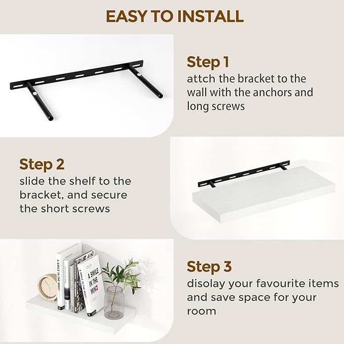 55"W x 9"D Floating Shelves Set of 2, 9.3 Inch Deep Floating Shelves Wall Mounted, Wide Wall Shelves Invisible Bracket, Deep Storage Shelves for Living Room, Bathroom, Kitchen, White Color