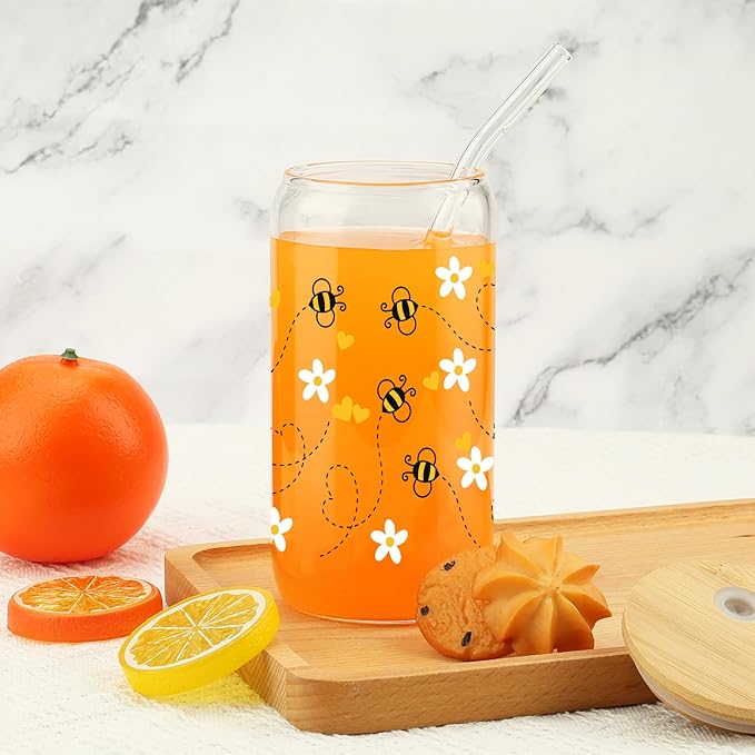 Gift For Girls, Her - Birthday Gifts for Women Friendship - Unique Gifts For Women, Friends, Bestie, Bff, Soul Sister, Work Bestie - Honey Bee Daisy 16 OZ Iced Glass Can Tumbler with Lid and Straw