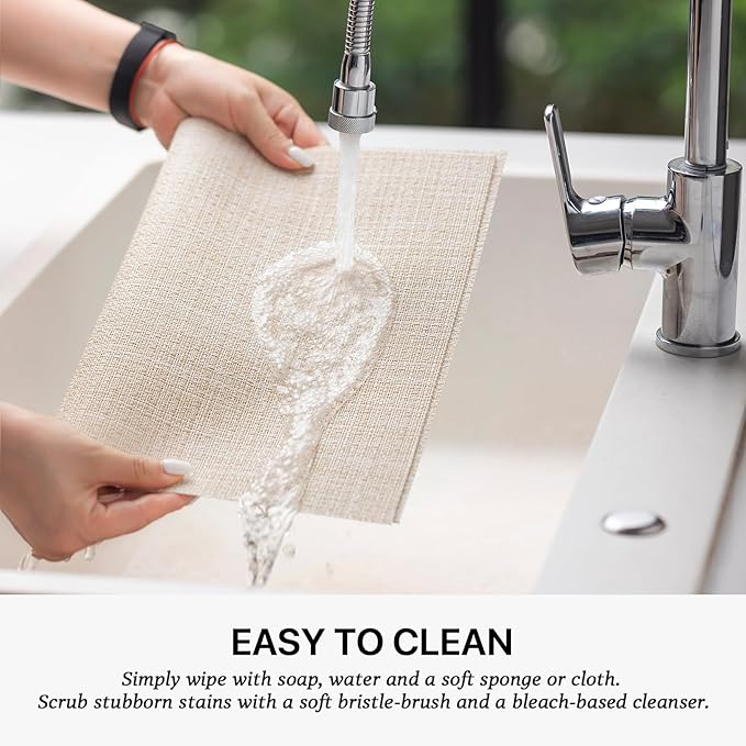 LEXMORE PVC Woven Placemats 6 PCS Wipeable Indoor/Outdoor Table Mats Washable Vinyl Place Mat for Dining Table, Set of 6-Beige White