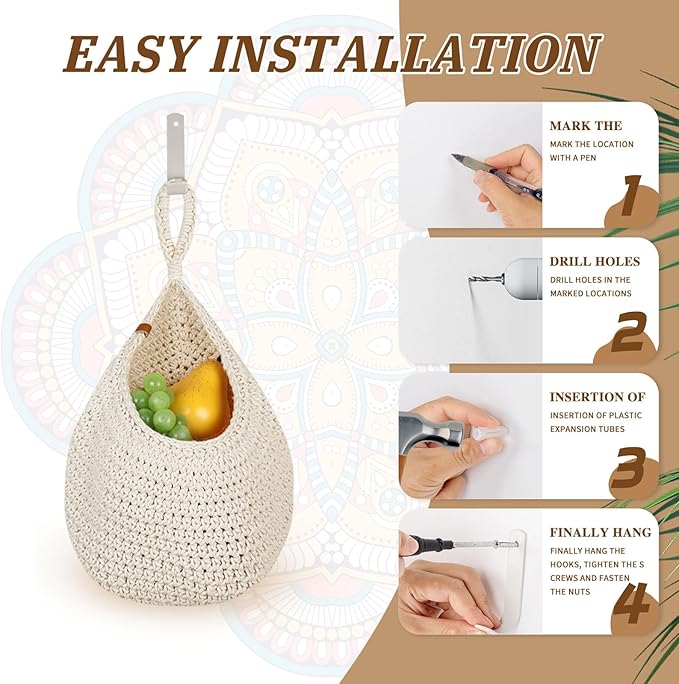 Hanging Fruit Baskets for Kitchen - 6 Pack Boho Wall Hanging Basket,Handwoven Wall Fruits Basket,for Garlic Potato Vegetable Onion Teardrop Home Hanging Storage Baskets(White Classic)
