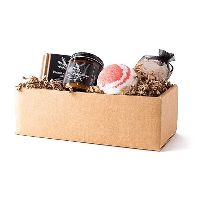 Hemlock Park Blood Orange Sage Artisanal Spa Gift Box | Apothecary Candle, Shea Butter Soap, Bath Bomb, Mineral Salt Bath Soak | Handcrafted with Plant Based Ingredients