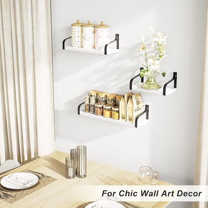 Love-KANKEI Floating Shelves Wall Mounted Set of 3, Rustic Wood Wall Storage Shelves for Bedroom, Living Room, Bathroom, Kitchen, Office and More White