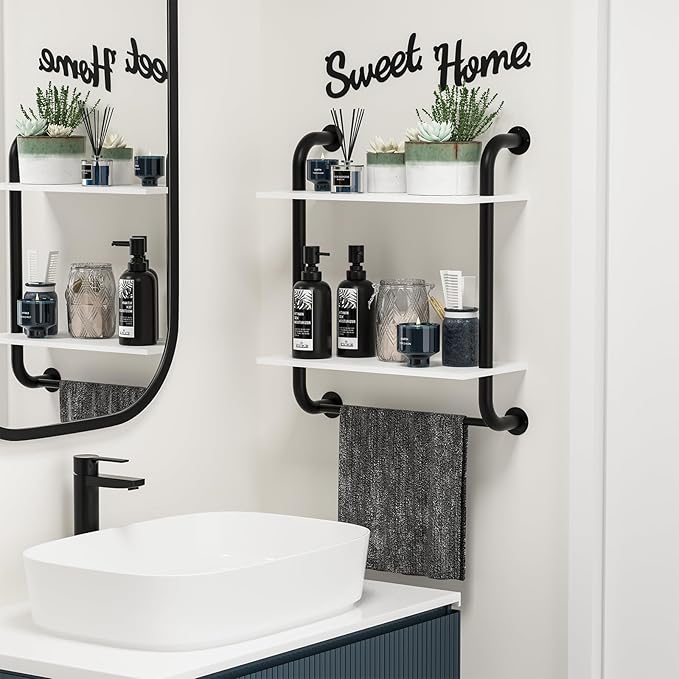 Bathroom Shelves Wall Mounted, Rustic Farmhouse Pipe Shelves 2-Tier, Floating Shelf Wall Decor for Bathroom, Kitchen, Bedroom, Living Room 17.3in White