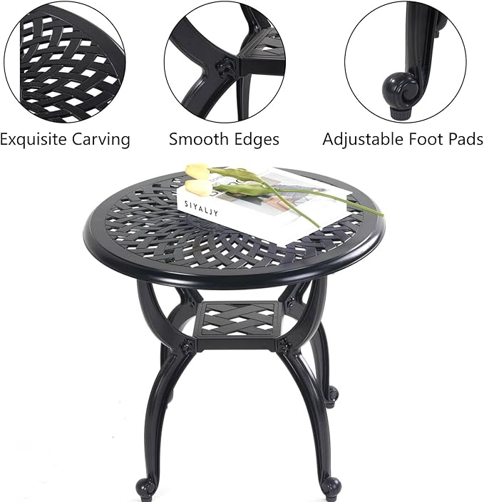 Mandolin Outdoor Patio,Rust -Resistant Cast Aluminum Side Table,Weather Resistant End Table,Coffee Table, Perfect for Patio, Backyard Or Garden.W 20.8" X H18.5(Aluminum Round, Black)
