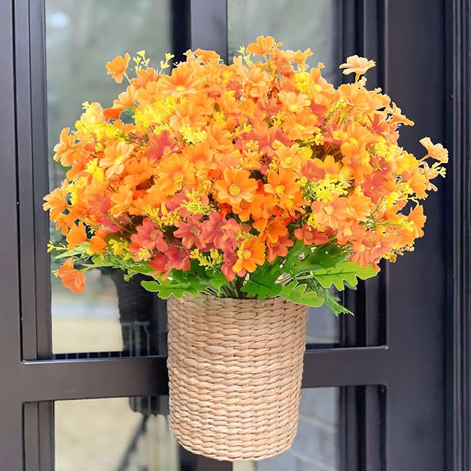 Uieke 6PCS Artificial Fake Fall Flowers for Outside, Daisy Mums Flowers UV Resistant No Fade for Indoor Home Office Hanging Planter Wedding DIY Garden Porch Thanksgiving Décor (Orange)