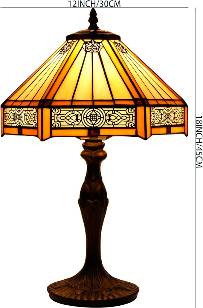 WERFACTORY Tiffany Lamp Yellow Hexagon Stained Glass Mission Style Table Lamp Desk Bedside Reading Light 12X10X18 Inches Decor Bedroom Living Room Home Office S011 Series