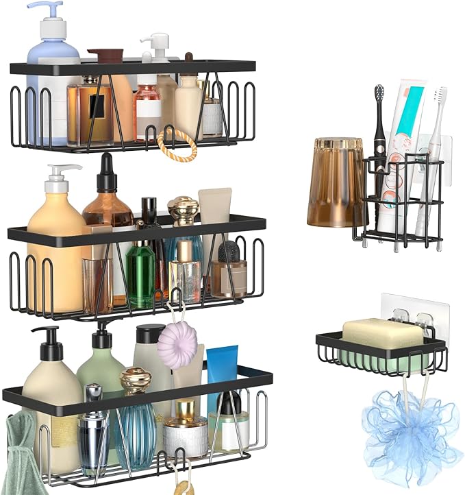 STEUGO Adhesive Shower Shelf - 5 Pack Drill-Free Shower Caddy with Soap and Toothbrush Holder, Rustproof Stainless Steel Black