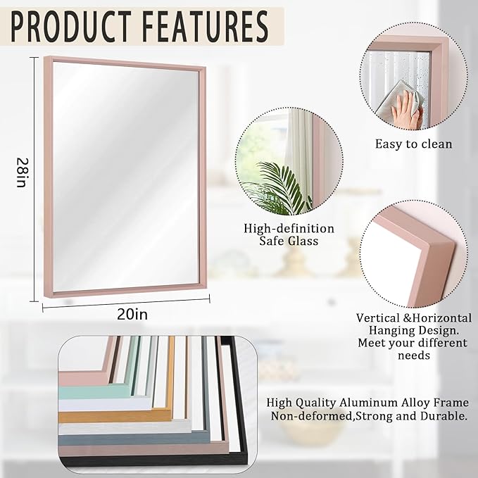 AAZZKANG Framed Mirror Rectangular Wall Mirror 28"x20" with Metal Frame for Bathroom Bedroom Living Room Entryway Decorative Mirror Home Decor Pink