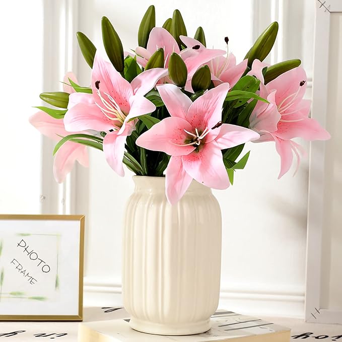 Hananona 8 Pcs Artificial Tiger Lily Real Touch Fake Easter Lily Flowers for Wedding Home Party Easter Decoration Plastic Lily Faux Flowers (Light Pink, 8)