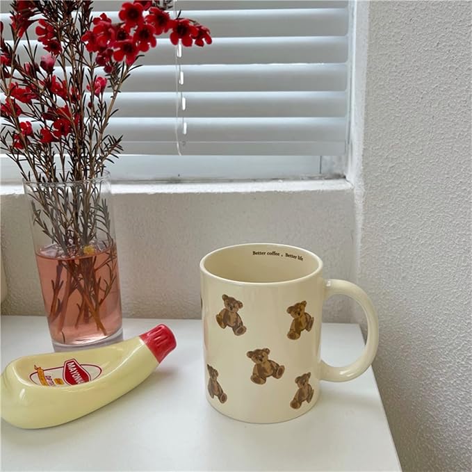 Cute Vintage Cartoon Bear Mugs Ceramic Coffee Mug Water Cup 350ml/12oz Funny Novelty Gift for Women Girls