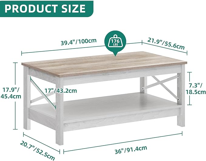 YITAHOME Coffee Tables for Living Room, Modern Farmhouse Coffee Table with Storage, 2-Tier Center Table Wood Living Room Table Accent Cocktail with Sturdy Frame, Grey Wash