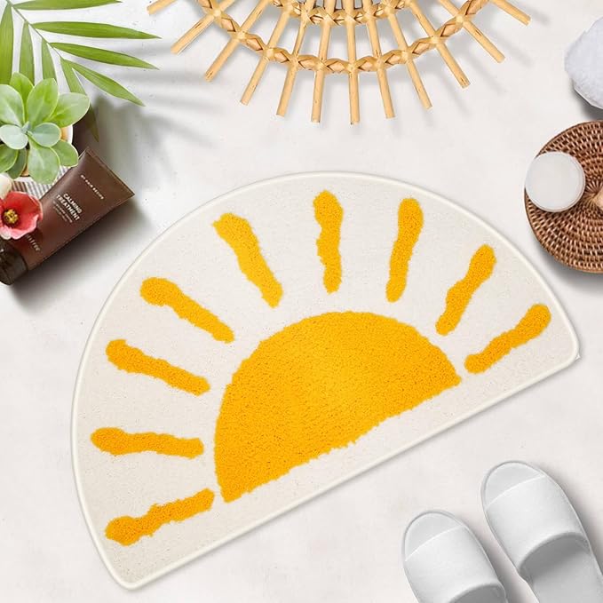 Bathroom Rugs Mat Half Circle - Cute Sun Fun White Yellow Boho Bath Mats Non Slip, Soft Absorbent Microfiber Bohemian Rug, Semi Round Machine Washable Rubber Rugs for Floor Bedroom Toilet Door Bathmat