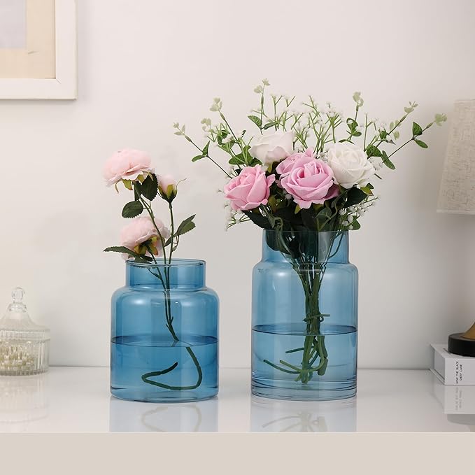 Large Glass Vase, Blue Glass Vase Set of 2, Large Flower Vases for Bouquet, Tall Wide Mouth Vases for Flowers, Home, Wedding, Living Room, Office Decor, 7"+9"