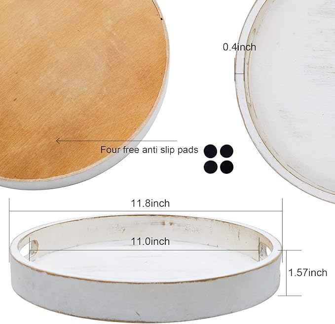 Round Wood Decorative Tray, Wooden Tray for Ottoman Coffee Table, White Washed Tray, Rustic Table Centerpiece Trays for Home Kitchen Farmhouse Table Decor (Round)