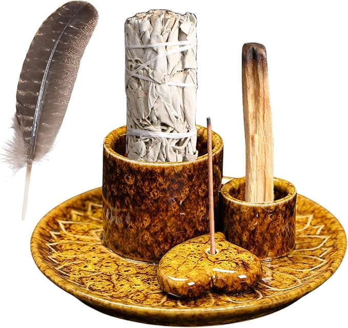 4 in 1 Incense Burner Holder,Incense Sage and Palo Santo Holder,Incense Stick Holder,Ceramic Incense Holder Ash Catcher,for Meditation Room (Yellow)