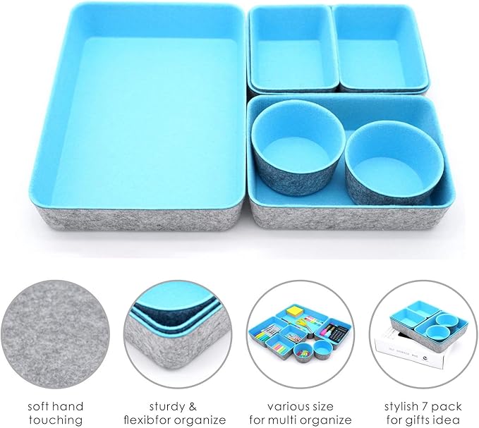 Welaxy Drawer organizers bins felt storage bin office organizer Shallow Small Desk organizer trays Draw dividers 7-piece Gifts Idea (Sky blue)