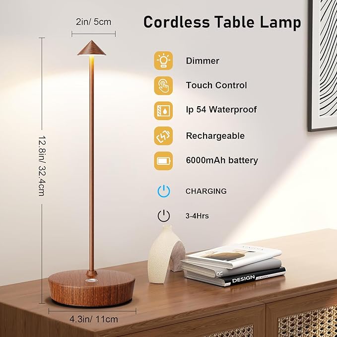 Rechargeable Cordless Table Lamp, 6000mAh LED Battery Operated Desk Lamp Touch 3 Color Stepless Dimming Portable Outdoor Waterproof Table Light for Patio/Restaurant/Dining/Home (Wood Grain)