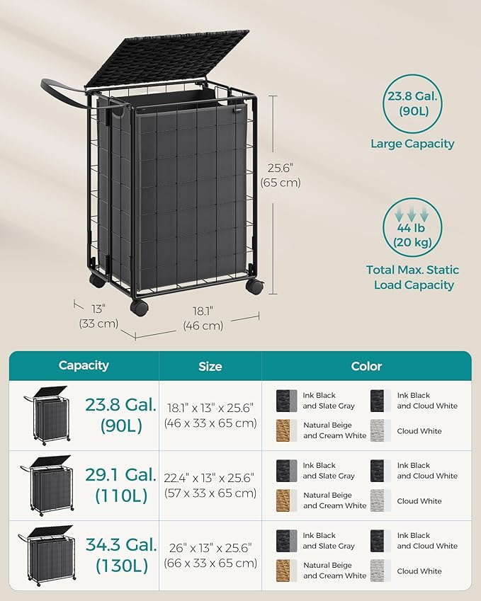 SONGMICS Laundry Hamper, 90L Laundry Basket with Lid, Clothes Hamper with Wheels, Collapsible Removable Liner Bag, Iron-Made Laundry Sorter, Ink Black and Slate Gray ULCB290B11
