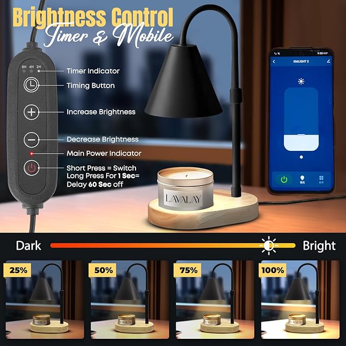 Mother’s Day Candle Warmer Lamp – App-Controlled Dimmable Warmer Light with Timer & Adjustable Height – Modern Flameless Candle Melter lamp with Wood Base for Jar Candles– Gift for Mom & Women