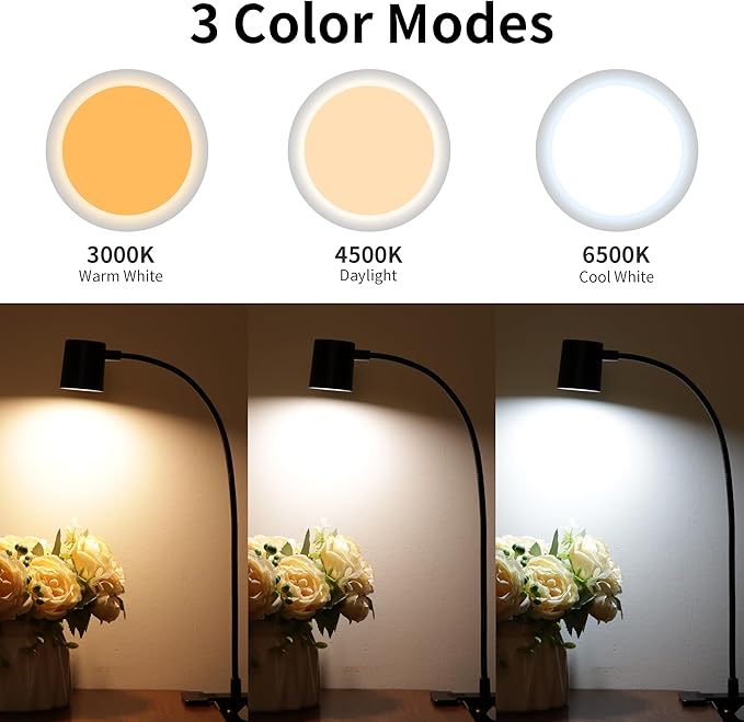 Dott Arts Desk Lamp,USB Clip On Light,3 Color Modes,10 Brightness Levels,360° Gooseneck LED Reading Light,Eye-Care for Home Office,Headboards, Black