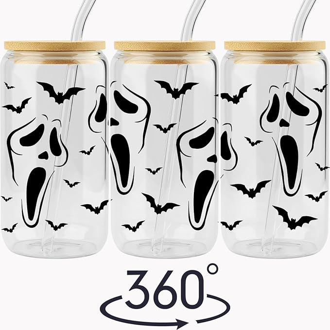 Gifts for Her, Halloween Friend Gifts, Fall Gifts, Halloween Coworker Ghost Bats Can Cup, Halloween Cup Gift for Family, Iced Coffee Cup, Spooky Season Mug, 16 Oz Glass Cup with Bamboo Lid & Straw