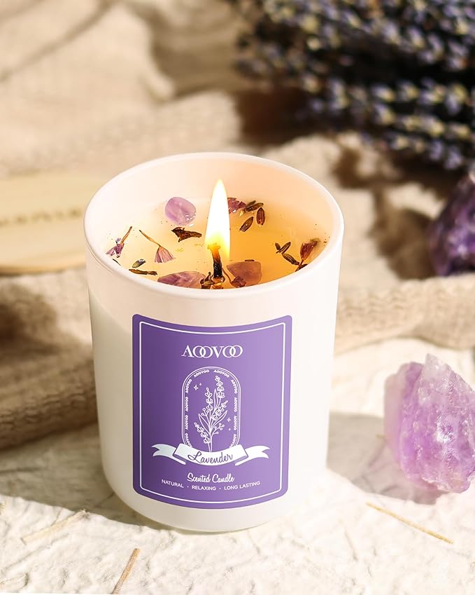 AOOVOO Lavender Scented Candle Set 2 Pack - Aromatherapy Candle with Crystals Inside, 14oz Soy Candles for Home Scented, Birthday Gifts Mothers Day Candle for Women Mom
