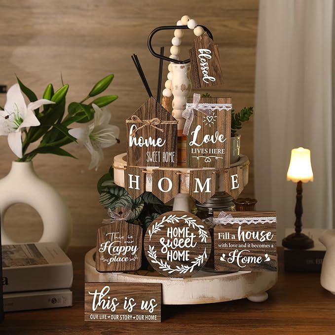Set of 11 Farmhouse Tiered Tray Decor Rustic Home Tiered Tray Decorations Set Home Wooden Signs Farmhouse Tabletop Wood Signs for Kitchen Table Shelf Decor