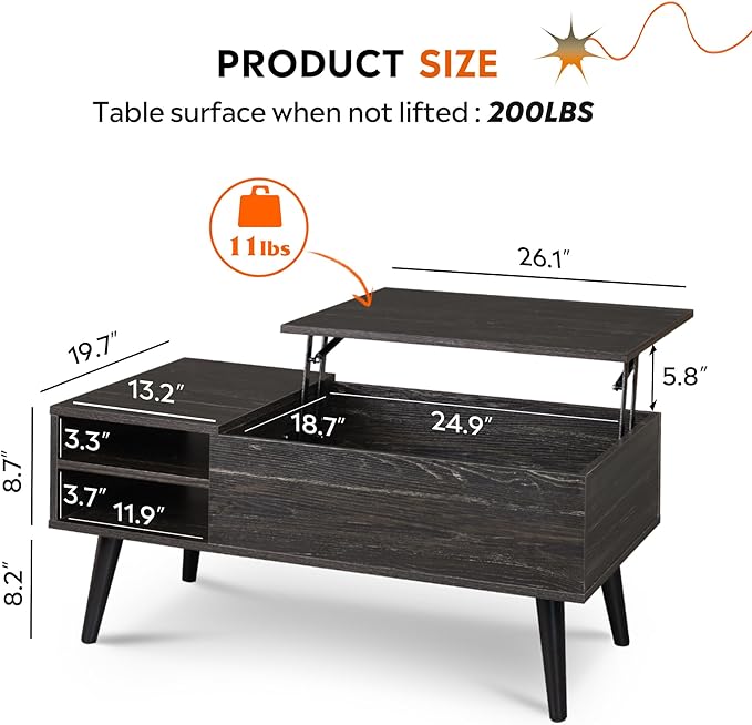 WLIVE Wood Lift Top Coffee Table with Hidden Compartment and Adjustable Storage Shelf, Lift Tabletop Dining Table for Home Living Room, Office, Charcoal Black