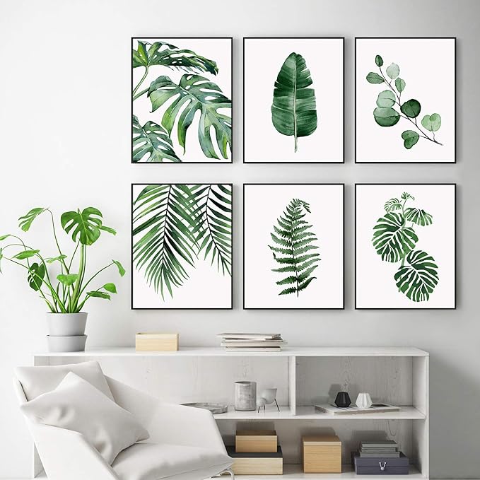 HoozGee Green Botanical Wall Art Print Set of 6 Natural Plant Leaves Home Decor Boho Leaf Bathroom Wall Art Canvas Plant Posters Leaf Art Prints Poster Set Room Decor (8"x10" UNFRAMED)