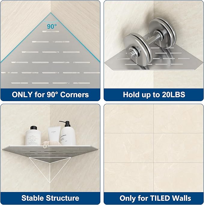 Brushed Corner Shelf, Floating Corner Shelves for Tile Wall, Tile Shower Shelf, 304 Stainless Steel Wall Storage Shelves for Bathroom, No Drilling, 10 Inch, 1 Pack