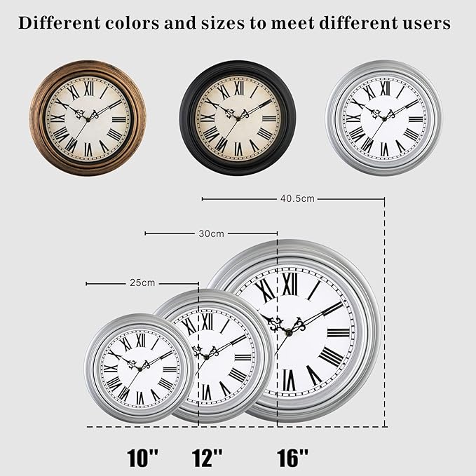 Plumeet Retro Wall Clock, 12'' Non Ticking Classic Silent Vintage Wall Clocks Decorative Kitchen Living Room Bedroom, Roman Numerals, Battery Operated, Silver