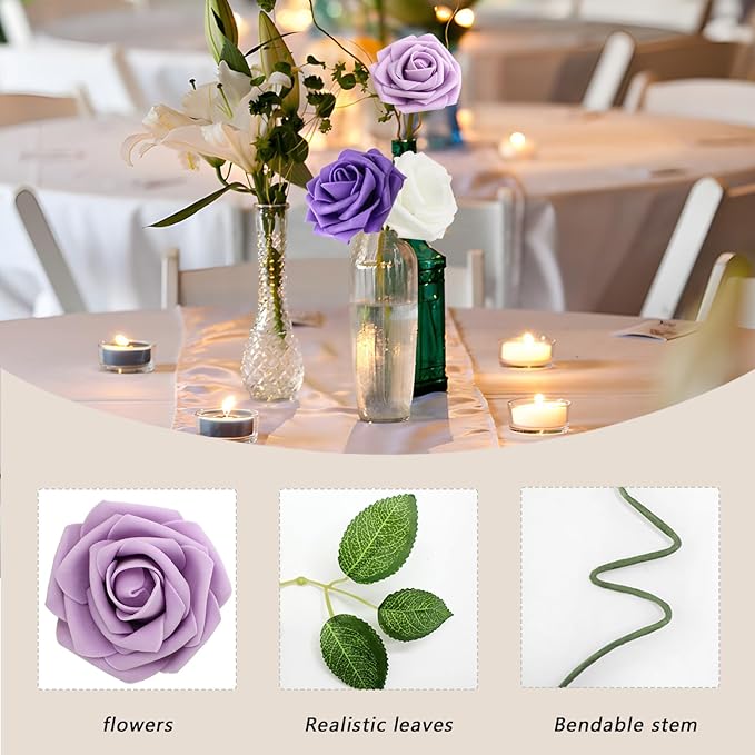 200PCS Artificial Flowers Purple Mixed Series Roses Real Looking Foam Fake Roses with Leaves and for DIY Wedding Bouquets Bridal Shower Centerpieces Party Decorations (Purple Series, 200)