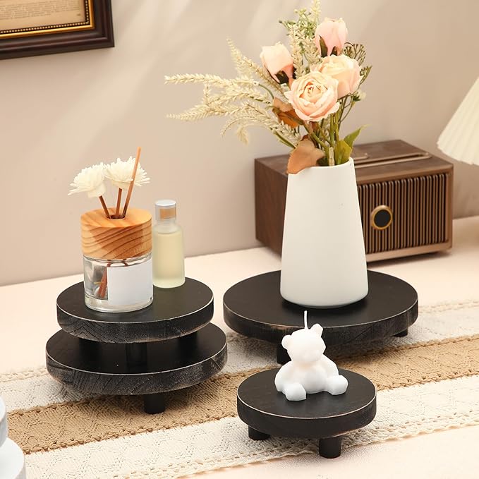 Geetery 4 Pcs Wooden Risers for Display Wood Pedestal Stand Mini Tray Stand Round Wooden Pedestal Holder Rustic Riser for Decor Tiered Tray Decor Home Kitchen, 4 Size(Black)