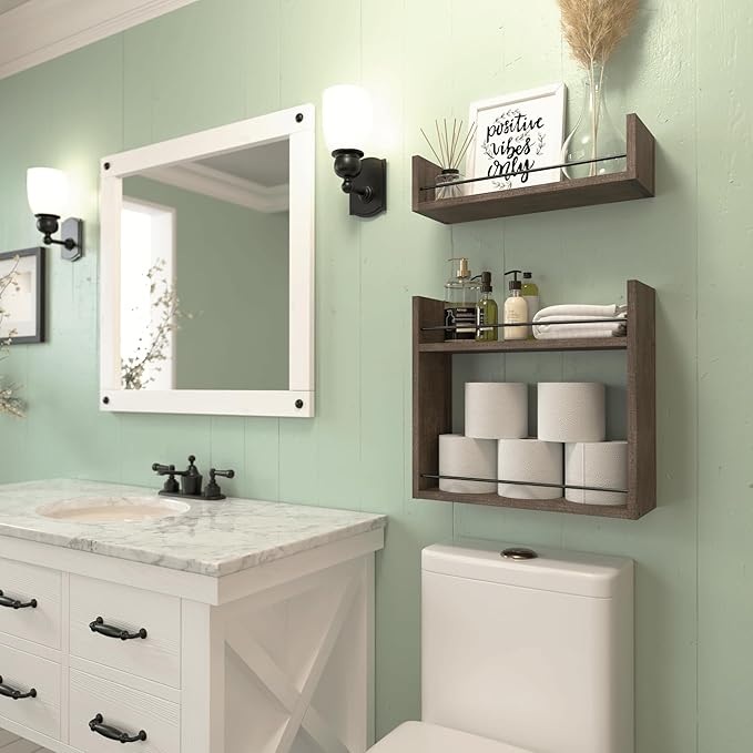 RICHER HOUSE Floating Shelves, Wall Shelves Above Toilet Wall Storage, Wall Mounted Bathroom Shelves with Towel Bar, Shelves for Bedroom, Kitchen, Vanity Shelves Room Decor Wall Cabinet - Brown