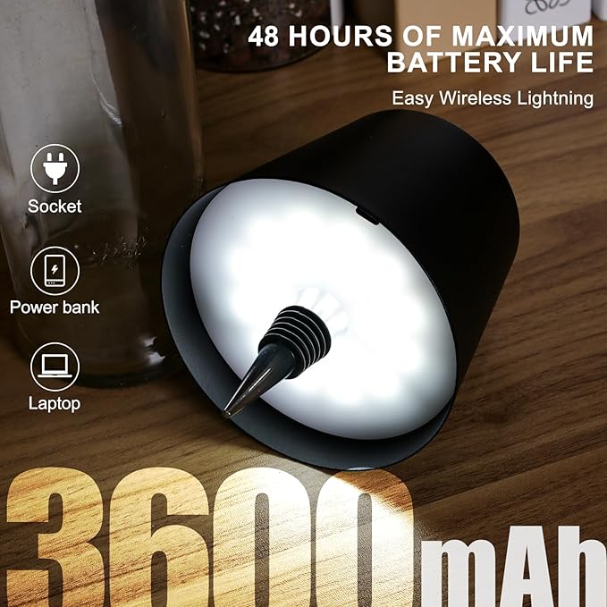 3600mAh Wine Bottle Lamp, 2025 New 3 Color Rechargeable Wireless Bottle Lamp for Liquor Bottles with Touch Dimming for Parties, Restaurants & Home Decor (Black)
