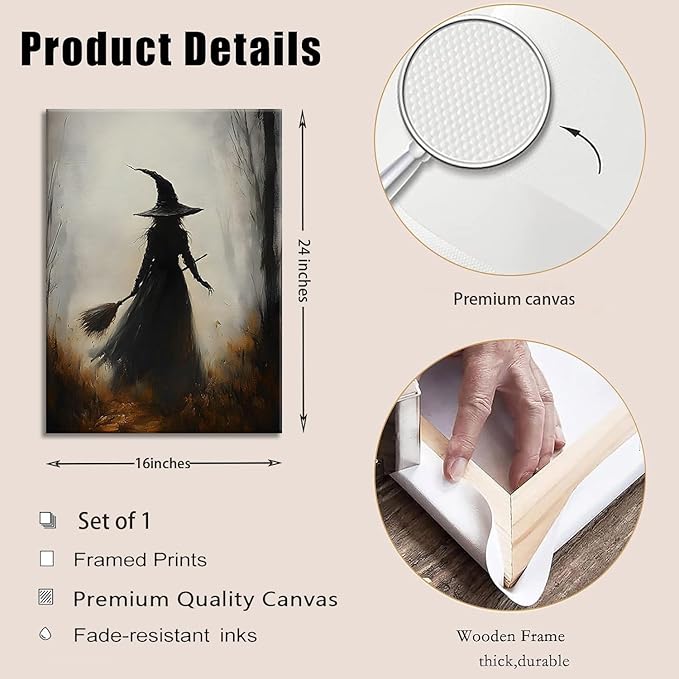 ILLBDR Halloween Vintage Witchy Wall Art Prints Creepy Gothic Dark Moody Pictures Decor Dark Academia Witches Victorian Painting Canvas Posters for Bedroom Bathroom 16x24 inch Framed