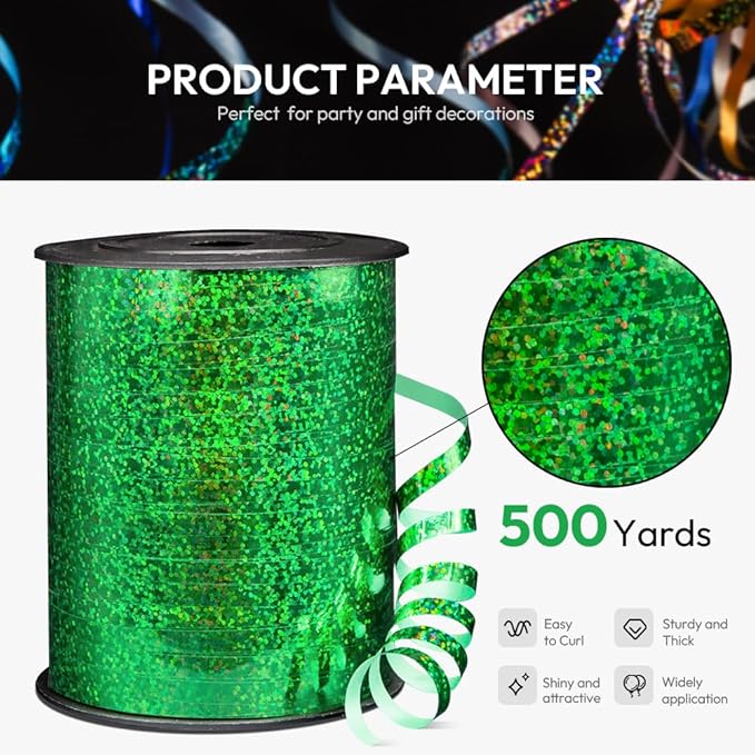 500 Yards Shiny Metallic Curling Ribbon with Spool, 1/5" Holographic Curly Ribbons - Perfect for Gift Wrapping, Florist Flowers, Birthday Party Decorations, Balloon String Ribbon in Green