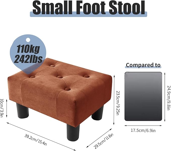 BRIAN & DANY Small Foot Stool, Velvet Foot Stools with Legs, Stable Small Footstool for Living Room, Brown