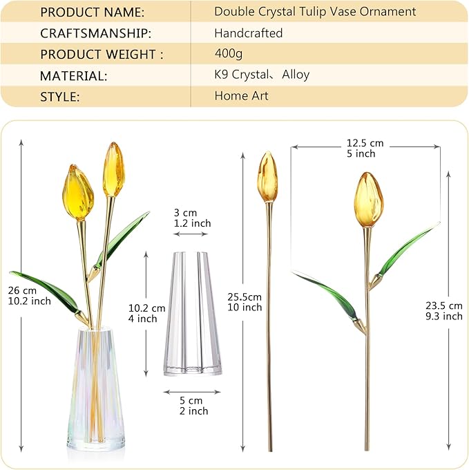 Crystal Tulip Figurine - Yellow Glass Flowers with Vase, Glass Flower Bouquet Collectible Office Home Decor Paperweight - Tulip Gifts for Women Mom Bestfriend Wedding Anniversary