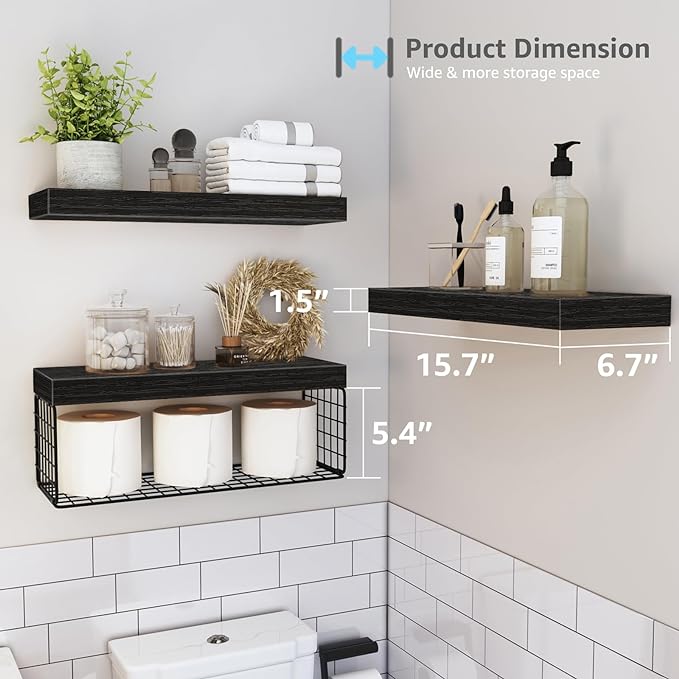 QEEIG Black Bathroom Shelves Over Toilet Wall Mounted Floating Shelves Farmhouse Shelf Toilet Paper Storage Small 16 inch Set of 3 (019-B3)