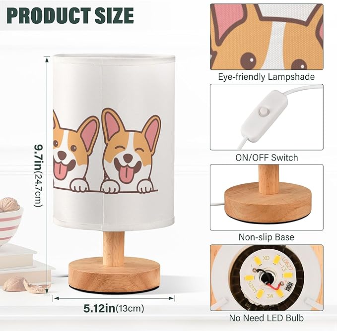 Table Lamp Cute Corgi Dog Smiling Cartoon Animal Nightstand Lamp with Wood Base Fabric Lamp Shade Bedside Desk Lamp for Living Room Bedroom Kids Room Office
