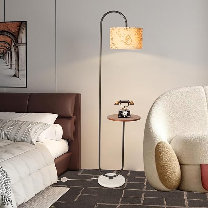 Hsyile Arc Floor Lamp with Hanging Drum Shade for Living Room-Marble Base Modern Tall Stand Up Light with Table, Contemporary Over The Couch Black Lamp Standing Lamps