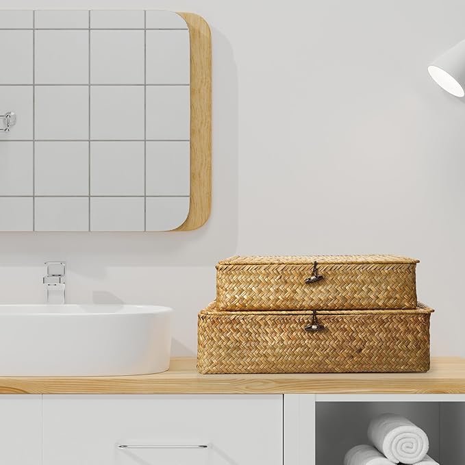 Set of 4 Seagrass Basket with Lid Wicker Storage Basket Decorative Storage Boxes with Lids Flat Storage Bins Woven Organizer Baskets for Shelf Closet Bedroom, 4 Sizes (Yellow)