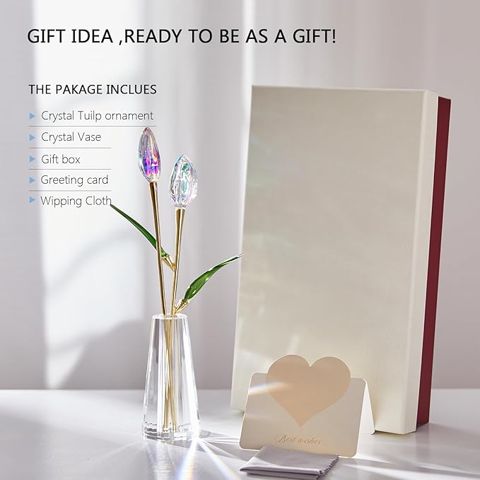 Crystal Tulips Figurine - Handmade Flowers with Vase - Glass Flower Bouquet Collectible Office Home Decor Paperweight - Tulip Gifts for Women Mom Bestfriend Wedding Anniversary