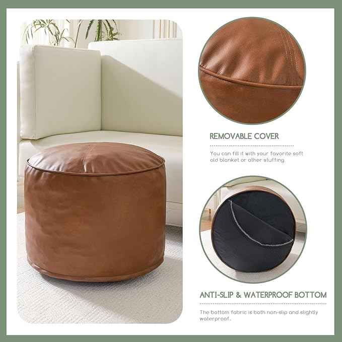 HIGOGOGO Round Stuffed Pouf Ottoman, Pu Leather Poufs with Foam Chunk Filling, Furry and Fluffy Pouf Foot Stool Storage Ottoman, 26 X 18 Floor Poufs Foot Rest for Living Room,Brown